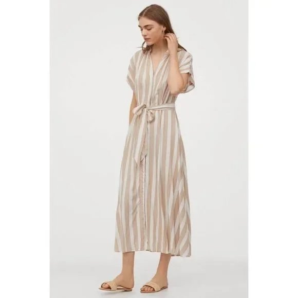 H&M Beige and White Striped Button Down Midi Dress XS - Picture 1 of 7